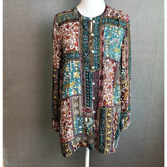 J. Jill Boho Patchwork Boho Western Long Sleeve Tunic Blouse Size XS - Picture 1 of 6